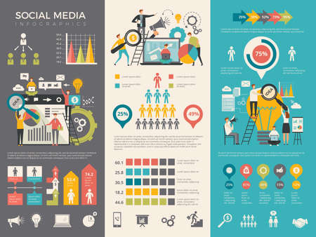 Social media infographic. Work people socializing like rating sharing vector graphic social design templateのイラスト素材