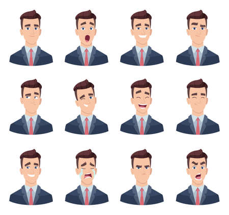 Businessman emotions. Male characters with various face emotions sadness joy hate laughter anger smile fear vector picturesのイラスト素材