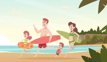 Family couple travellers. Happy kids with parents smiling people on tropical beach sea or ocean summer vacation vector backgroundのイラスト素材