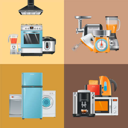 Appliances realistic. Home electrical equipment refrigerator washing machine microwave blender mixer hood gas stove vector collectionのイラスト素材