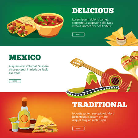 Mexican food banners. National traditional cuisine mexico quesadillas tequila salsa sauce chilli pancho guitar maracas vector picturesのイラスト素材