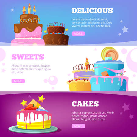 Cake banners. Birthday baking products with syrup chocolate vanilla wedding cakes vector cartoon illustrationsのイラスト素材