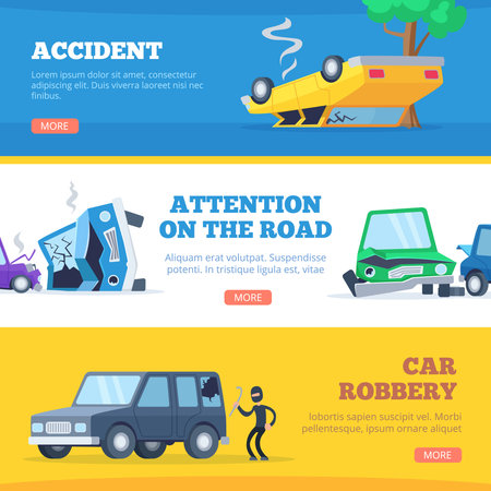 Car accidents. Damaged and broken automobiles scene of carsh cars vector pictures for bannersのイラスト素材