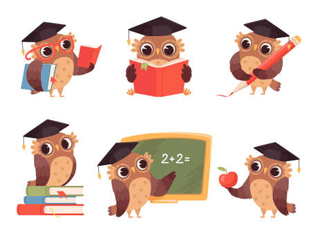 Owl teacher. Cartoon bird characters with back to school items cute mascots reading pointing vector illustrationsのイラスト素材