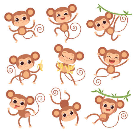 Baby monkey. Wild cartoon animals playing and eating banana vector characters of monkeysのイラスト素材