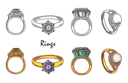 Hand drawn vector jewelry rings with crystalls isolated on white backgroundのイラスト素材