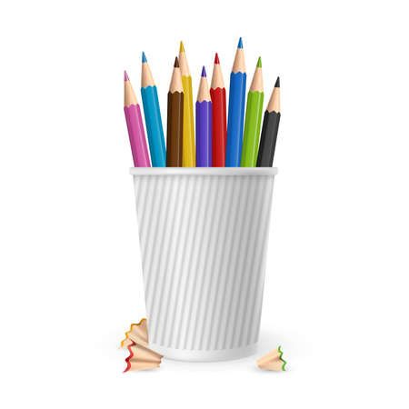 Realistic vector color pencils in glass isolated on white backgroundのイラスト素材