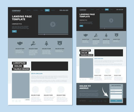 Landing wireframe. Internet web page ui template menu navigation video gallery and footer...