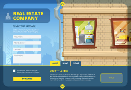 Real estate landing. Find your apartment or commercial building layout template with urban city landscape and web forms vector designのイラスト素材
