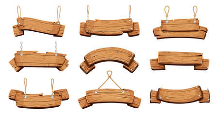 Wooden banners. Blank signboards with chains ropes and bolts vector tablet bannersのイラスト素材