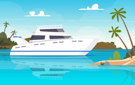 Ship at sea. Fishing boats underwater sunset ocean yacht or vessel vector backgroundのイラスト素材