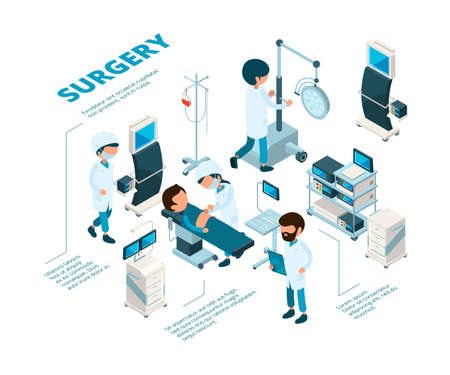 Surgeries isometric. Medical staff surgeons work emergency therapy procedures healthcare room doctors making operation patient vectorのイラスト素材