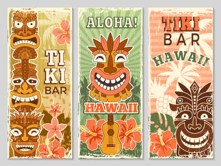 Hawaii retro banners. Aloha tourism summer adventure dancing party in tiki bar tribal masks vector illustrationsのイラスト素材