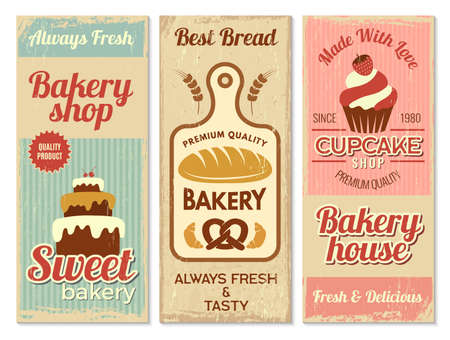 Bakery banners. Sweet cakes kitchen logotype for cooking projects vector restaurant menu templateのイラスト素材