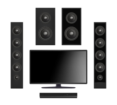 Screen tv. Flat plasma multimedia video system with console and sound speaker digital monitor vector realisticのイラスト素材