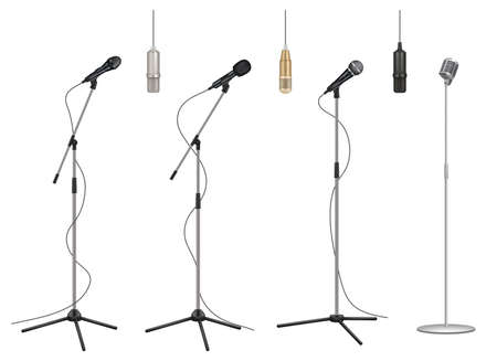Mic stand. Realistic music microphones sound studio professional equipment vector pictures collectionのイラスト素材