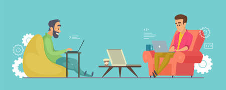 Programmers vector characters. Software developers working on laptops in coworking illustrationのイラスト素材