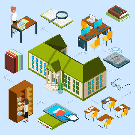 Isometric library vector concept. 3D public library building, computer area, e-reading books, librarians, bookshelfのイラスト素材