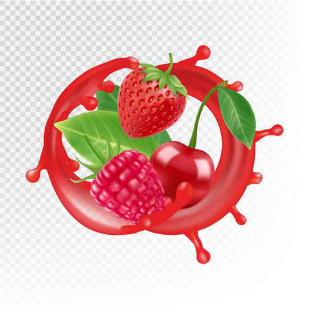 Garden and wild berries. Vector realistic juice splash, raspberry, strawberry, cherry isolated on transparent backgroundのイラスト素材