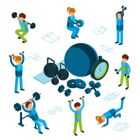Isometric vector sport or fitness concept. Male and female train, sporting goods isolated on white...