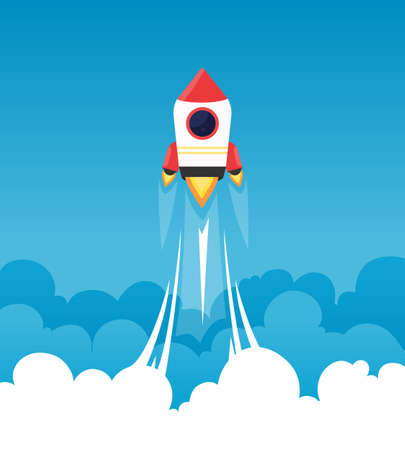 Startup background. Rocket in cloudy fluffy sky goes to the moon business concept of launch startup project vectorのイラスト素材