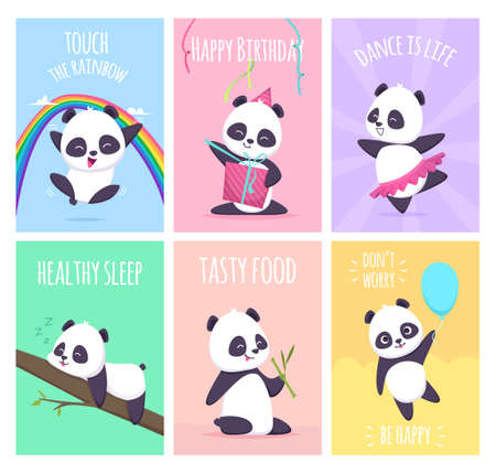 Panda cards. Cute little bear animals cover placard vector templates collectionのイラスト素材