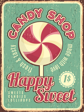 Candy shop poster. Confectionary retro placard with sweets dulce vector with place for textのイラスト素材
