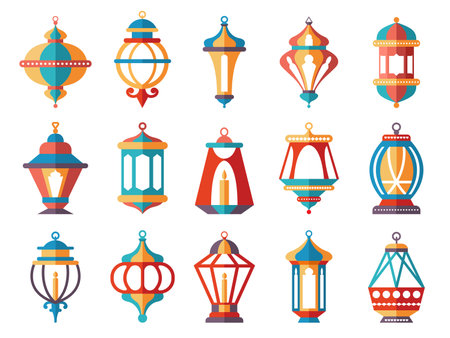 Islamic lanterns. Colored ramadan lamp muslim vector symbols collectionのイラスト素材