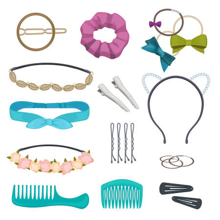 Hair accessories. Woman stylish hair item clips flowers bandanas gags bows elastic bands hoops vector cartoonのイラスト素材
