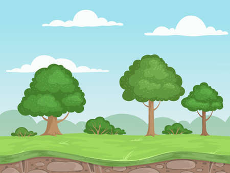 Seamless game nature landscape. Parallax background for 2d game outdoor mountains trees and clouds vector illustrationsのイラスト素材
