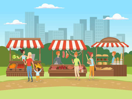 Local market. Food outdoor places in urban landscape bazaar owners with fruits vegetables meat and milk vector cartoon backgroundのイラスト素材