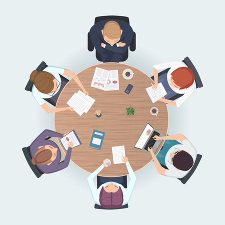 Round table top view. Business people sitting meeting corporate workspace brainstorming working team vector illustrationのイラスト素材