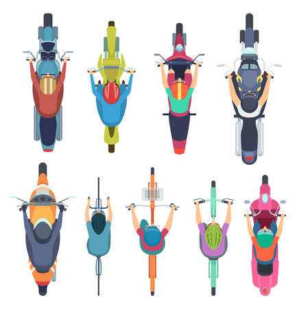 Bicycle top view. People driving bike in helmet riders moped and cycle road traffic vector illustrationsのイラスト素材