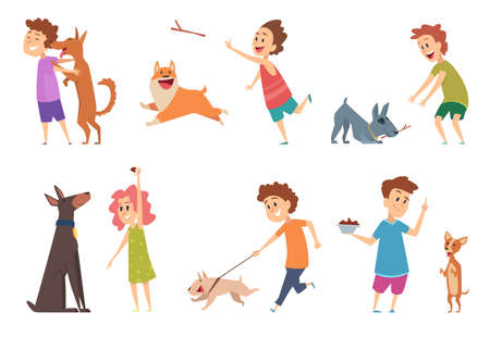 Kids with dogs. Happy children playing hugging their funny pets vector cartoon puppy dog domestic animalsのイラスト素材