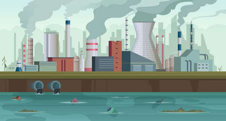 Dirty factory. Trash and smoke from urban factory production river pollution city smog in sky concept backgroundのイラスト素材