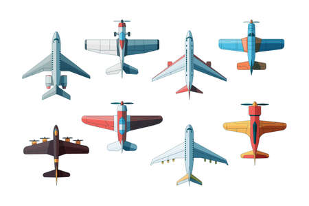 Aircraft top view. Civil and military airplanes collection in flat style vector picturesのイラスト素材