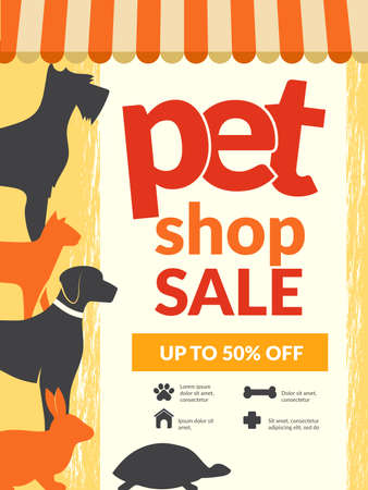 Pets poster. Placard domestic animals cats dogs kitten icons typography wallpaper for pets shop vector designのイラスト素材