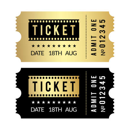 Golden ticket set. Cinema, theater, party, museum, event, concert gold and black vector tickets templateのイラスト素材
