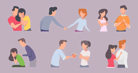 Dating couples. People try to save love romantic characters destructive relationship meet happy persons exact vector cartoon illustrationsのイラスト素材