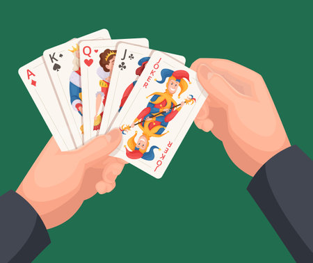 Playing cards in hands. Man holding casino poker gaming cards with lucky symbols exact vector cartoon template backgroundのイラスト素材