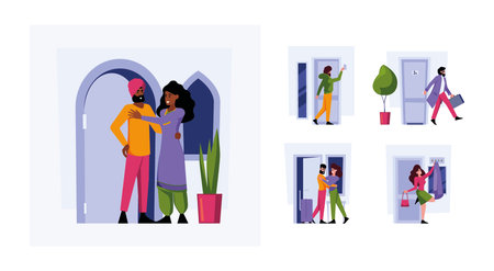 Leaving people. Parents kids meeting home exit from door students going to vacation homes persons garish vector flat charactersのイラスト素材
