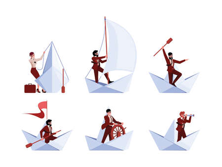 Businessman on boat. Office leader managers bosses moving on paper ship travelling characters teamwork navigation concept garish vector concept illustrationsのイラスト素材