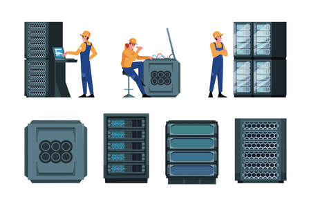 Servers engineer. Data center workers administrators making wireless internet control center repair servers garish vector colored setのイラスト素材