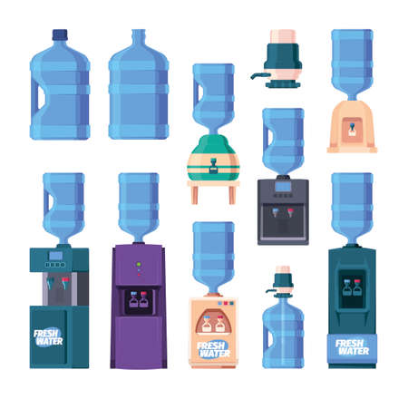 Office water coolers. Different types of water tanks for coolers garish vector collectionsのイラスト素材