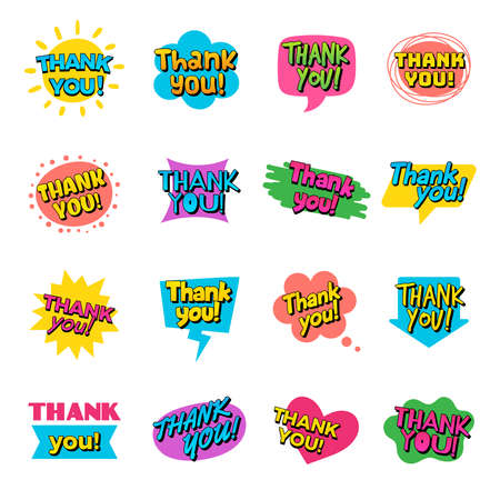 Thank you lettering. Handwriting text decorative ads messages badges set collection recent vector words templatesのイラスト素材