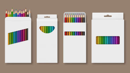 Pencil cardboard. Realistic boxes for colored pencils stationery packages decent vector templates collection of casesのイラスト素材
