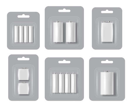 Package battery pack. Cardboard blister with energy with electronic energy power metal alkaline charging containers decent vector realistic illustrationsのイラスト素材