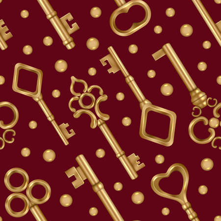 Keys pattern. Golden vintage ornate realistic keys for doors decent vector seamless backgroundのイラスト素材