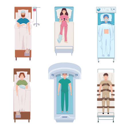 Patient in bed. Ill cartoon characters in hospital bed emergency procedures for help persons exact vector patient top viewのイラスト素材