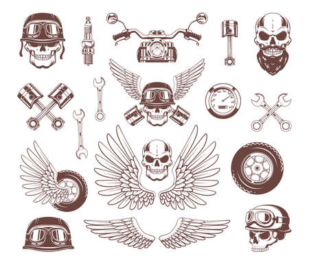 Biker badges. Motorcycle emblems with bikes skull and choppers protective helmet and wings exact vector pictures collectionのイラスト素材